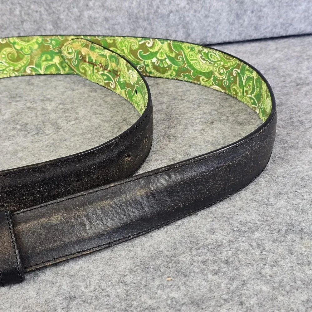 Robert Graham Belt Mens Black Leather Green Paisley Lining Silver Buckle 43